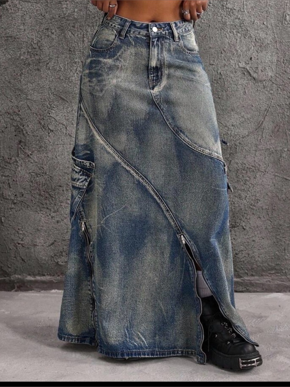 Denim Cargo Maxi Skirt in Washed Blue